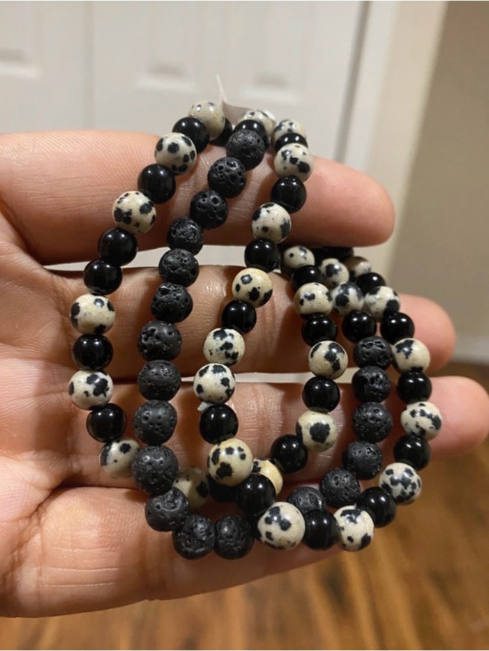 Dalmatian Jasper, Black Agate & Black Lava Stone Healing Stacked Bracelets